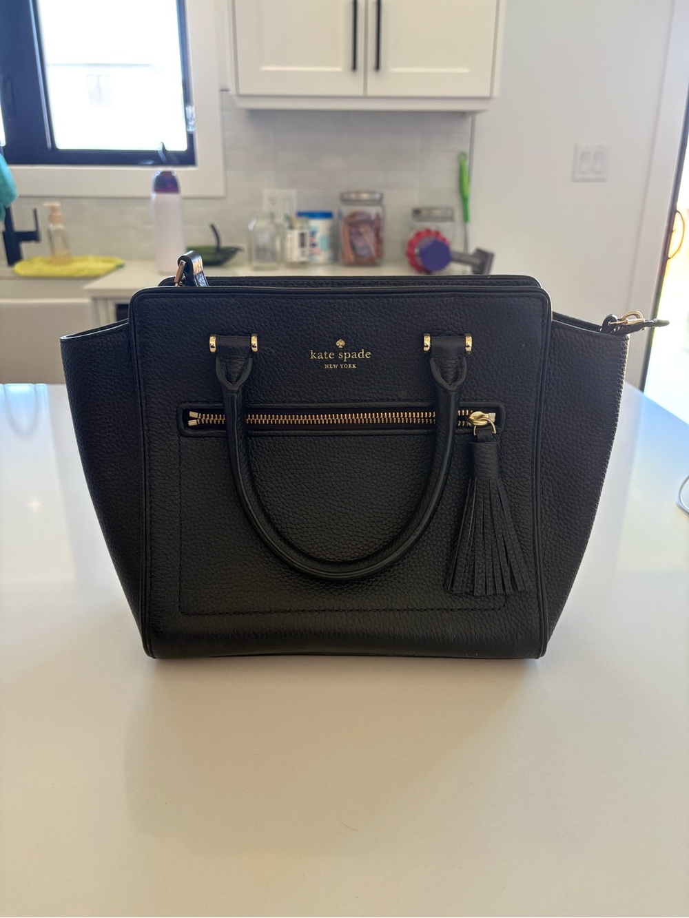 kate spade Black Pebbled Leather Satchel with Tassel